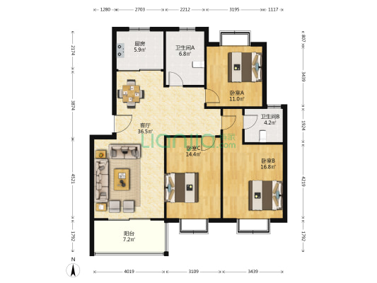 康馨园北区 3室1厅2卫 126平方