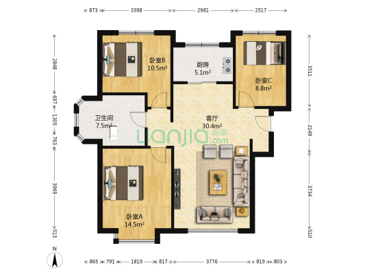 丽德花园 3室1厅1卫 117平方