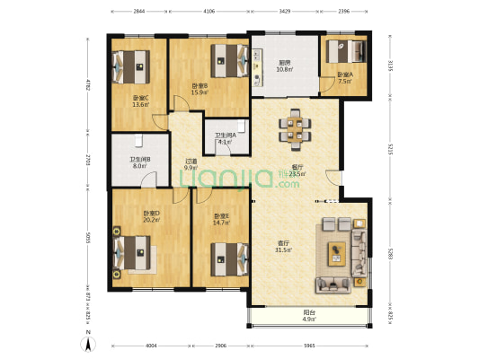 鹏辉广场 5室2厅2卫 186平方