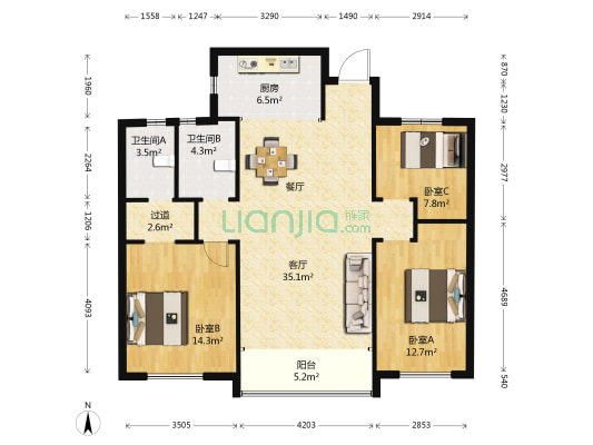 书香世家A区 3室1厅2卫 128平方