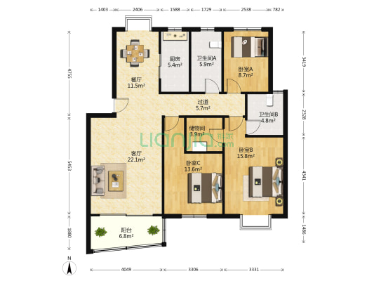 阳光丽景花园 3室2厅2卫 133平方
