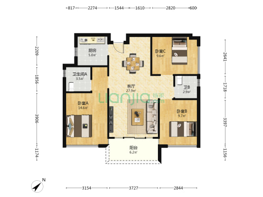 精华荣庭 3室1厅2卫 95平方