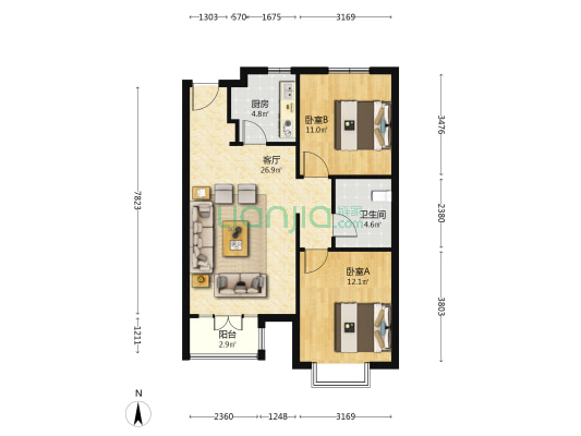 恒大天筑 2室1厅1卫 87平方
