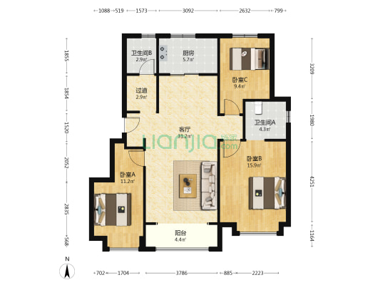 绿樾园 3室1厅2卫 114平方