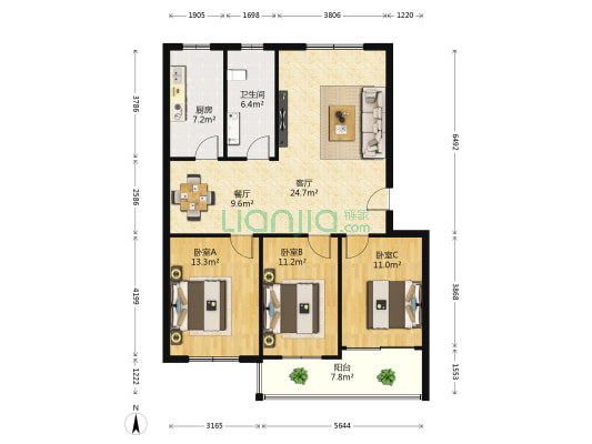 龙园生活区 3室2厅1卫 108平方