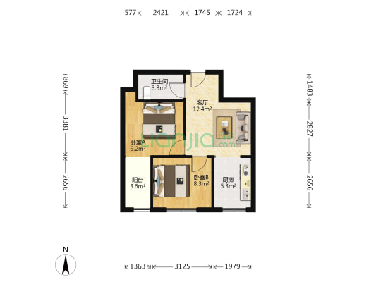 国贸公馆 2室1厅1卫 65平方