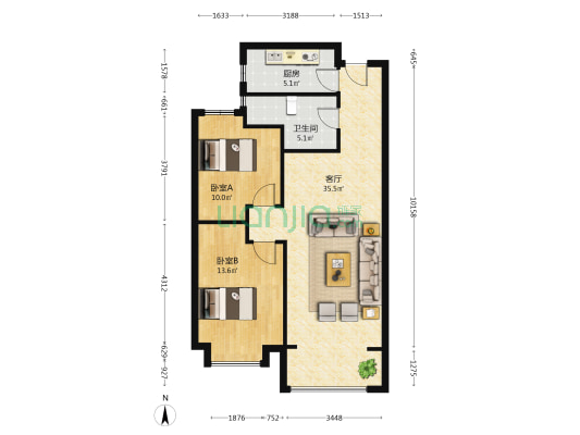 绿地新里城二期 2室1厅1卫 95平方