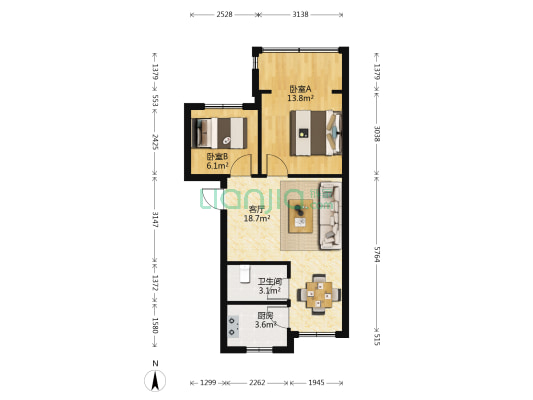 迁禧花园 2室1厅1卫 57平方