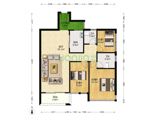 江宇世纪城 3室1厅2卫 103平方