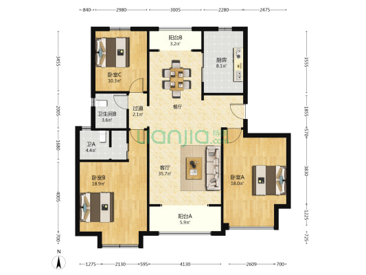 金凤花园 3室1厅2卫 135平方