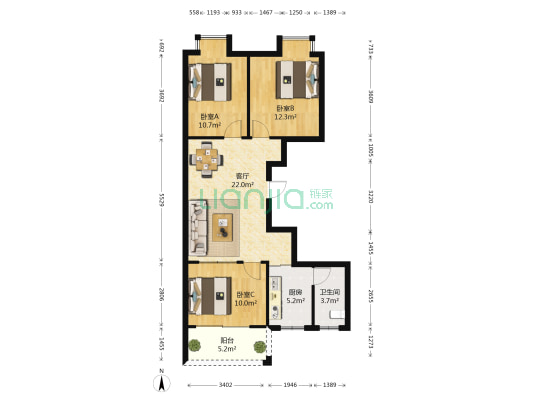 恒贵公寓 3室1厅1卫 95平方