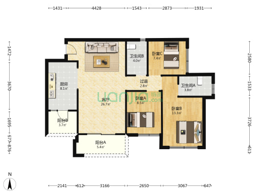 滨江睿城一期A区 3室1厅2卫 80平方