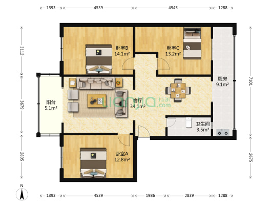 新津县教育研究培训中心 3室1厅1卫 109平方