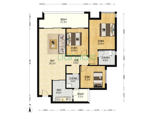 万科金域蓝湾三期 3室1厅2卫 120平方