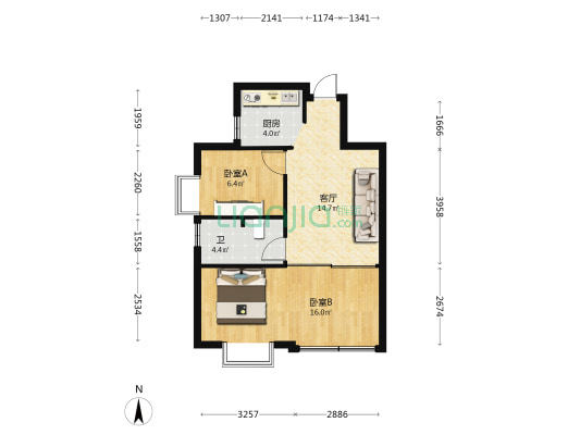 云南省建三公司住宅小区 2室1厅1卫 56平方