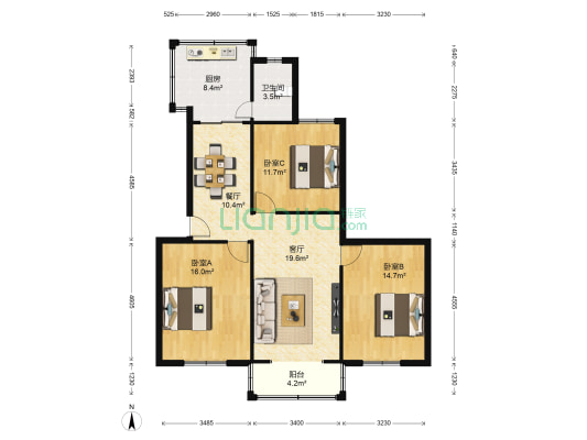 保安公司宿舍 3室2厅1卫 103平方