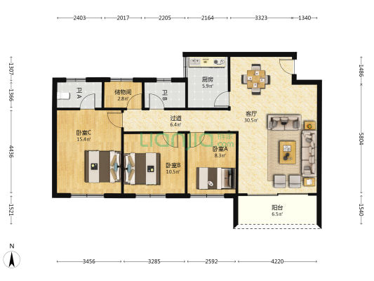 敬业楼 3室1厅2卫 112平方