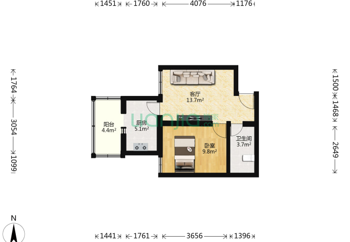 1室1厅1卫49.92-北京康泽园户型图