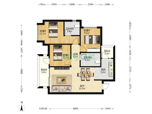 金地格林春岸二期 3室1厅2卫 89平方