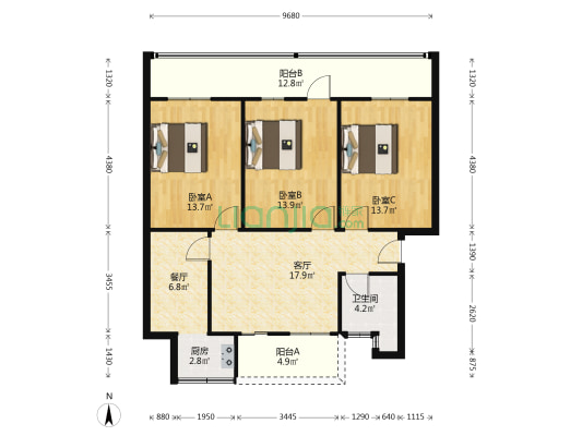 汉阳大街80号院 3室2厅1卫 91平方