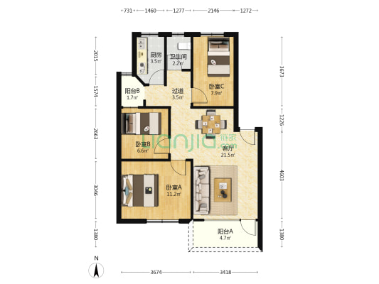 龙塘小区 3室1厅1卫 76平方