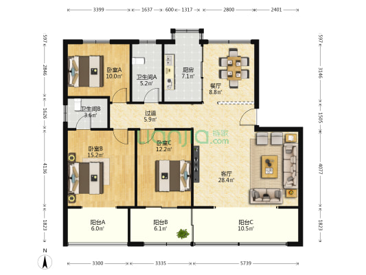 湘仪家园南区 3室2厅2卫 130平方