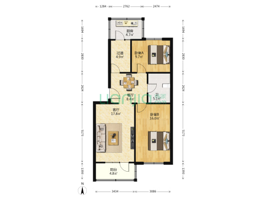 跃进路工行宿舍 2室2厅1卫 69平方