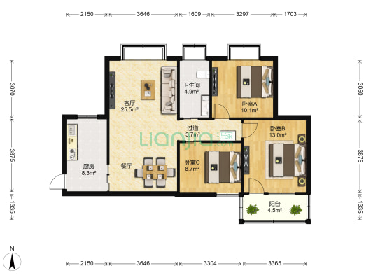 高校住宅小区 3室1厅1卫 109平方