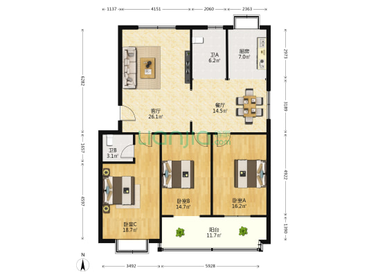 惠安小区 3室2厅2卫 138平方