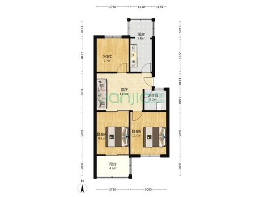 开发区南北通透三居室户型方正大社区集中供暖-户型图