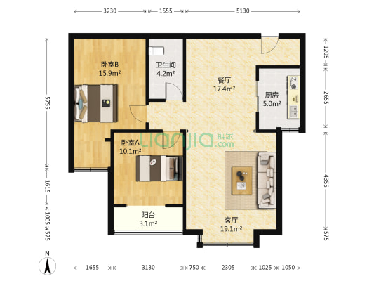 首府香格里拉 2室2厅1卫 97平方