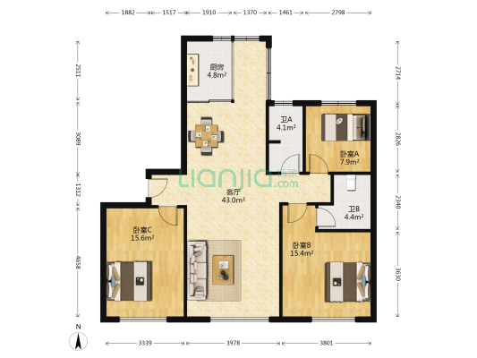 君临国际 3室1厅2卫 129平方
