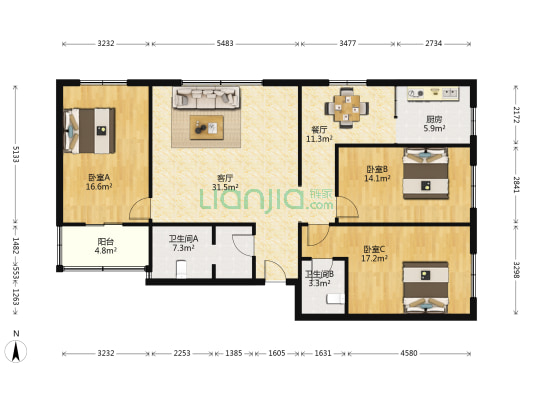 临潼区社会福利中心小区 3室2厅2卫 138平方