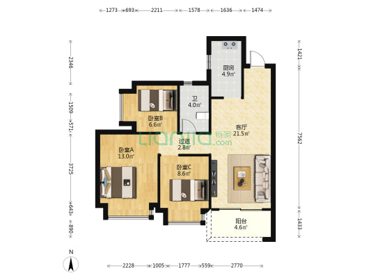 恒大御澜庭 3室1厅1卫 86平方