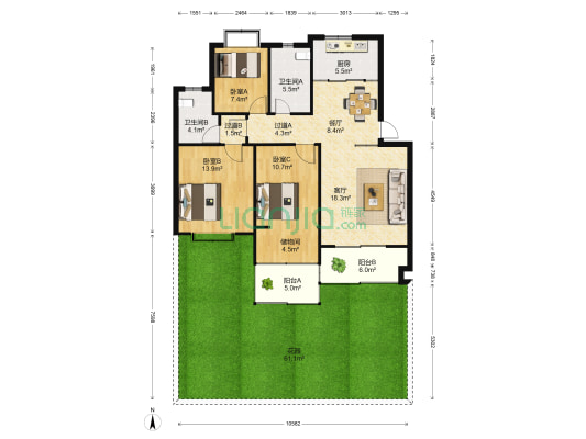 依云小区 3室2厅2卫 102平方