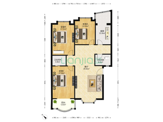 芙蓉社区 3室1厅2卫 125平方