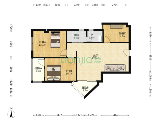 群星阁 3室1厅1卫 93平方