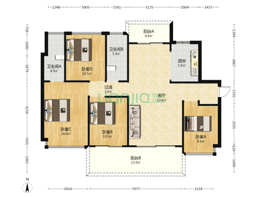青塘湖畔花园 4室1厅2卫 133平方