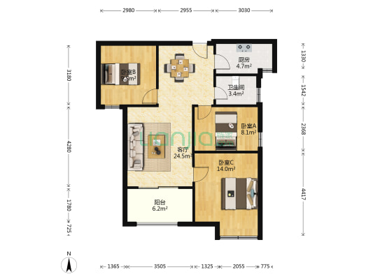 奥体阳光花园 3室1厅1卫 82平方