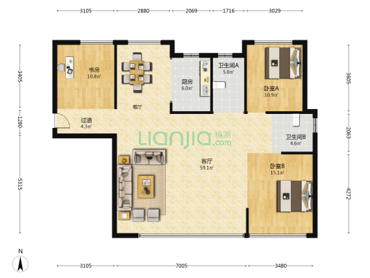 民发汉江一品C区 3室1厅2卫 136平方
