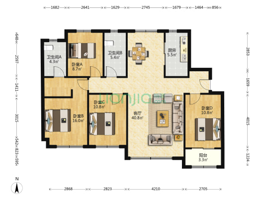 云湖府邸 4室1厅2卫 135平方