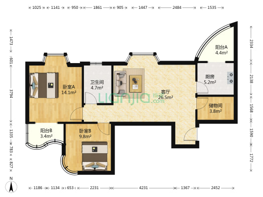银仁御墅 2室1厅1卫 94平方