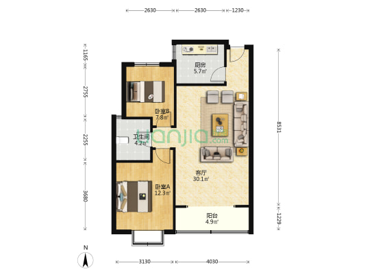东仙坡北京交汇处鸿盛旺京南北通透两居-户型图