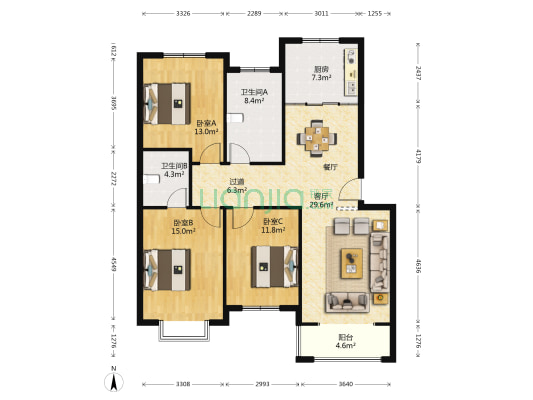 韩桥花苑 3室1厅2卫 125平方