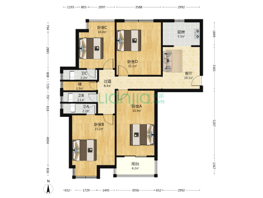 城北尚博苑一区 4室1厅3卫 121平方