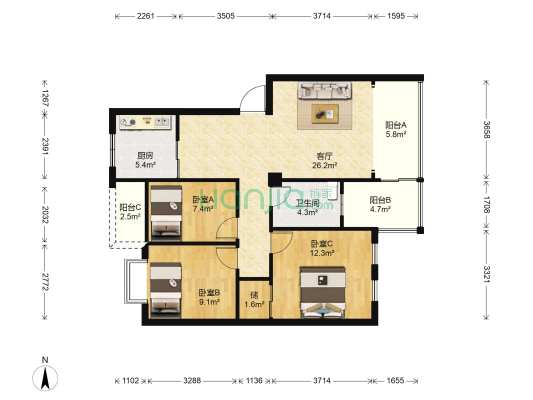 颐庆园 3室1厅1卫 91平方