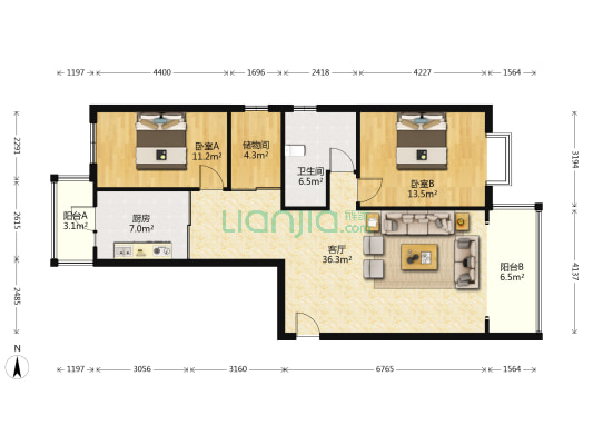 蓝天荣府 2室1厅1卫 114平方
