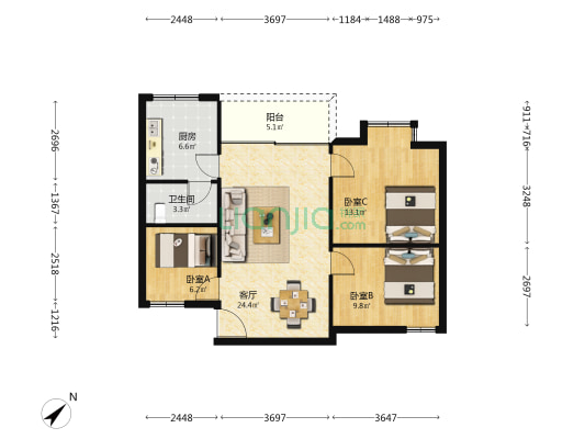 龙腾苑 3室1厅1卫 80平方