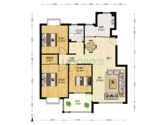 锦绣城市之光 3室1厅1卫 117平方