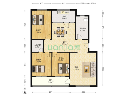 东单家园 3室2厅2卫 136平方